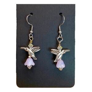 Artisan Silver Hummingbird Dangle Earrings Upcycled Glass Flower Beaded Coquette